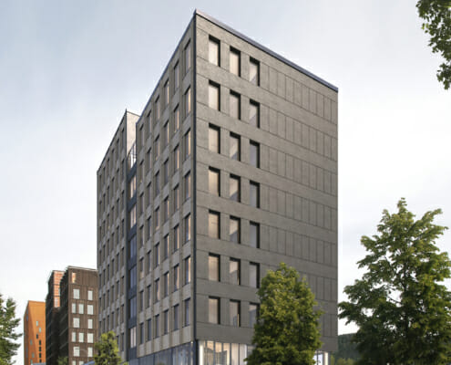 Street_View_New_Kred-Dark Arkitekter.jpg Fasade fra avstand, illustrasjon.