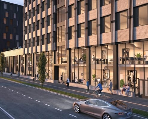 Vestaksen - DR.hansteins gate__v2_3destate.no Nærbilde utenfor Spor X bygget, illustrasjon.