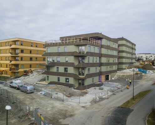 Utvendig fasade av leiligheter, illustrasjon.