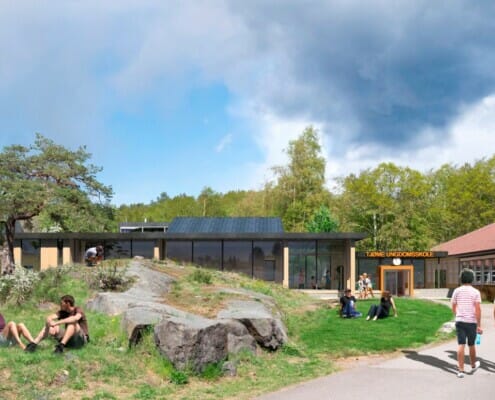 TUSK+NY2 Ferdig oversikt over bygningen utvendig, illustrasjon.