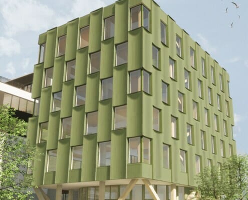 Utvendig visning av bygget, illustrasjon.