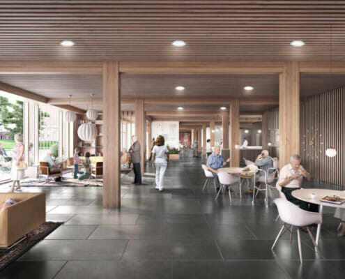 Arkitema_Tåsenhemmet_2_web kopi Ferdig produkt med fliser på gulv og massivtre på vegg og tak, illustrasjon.