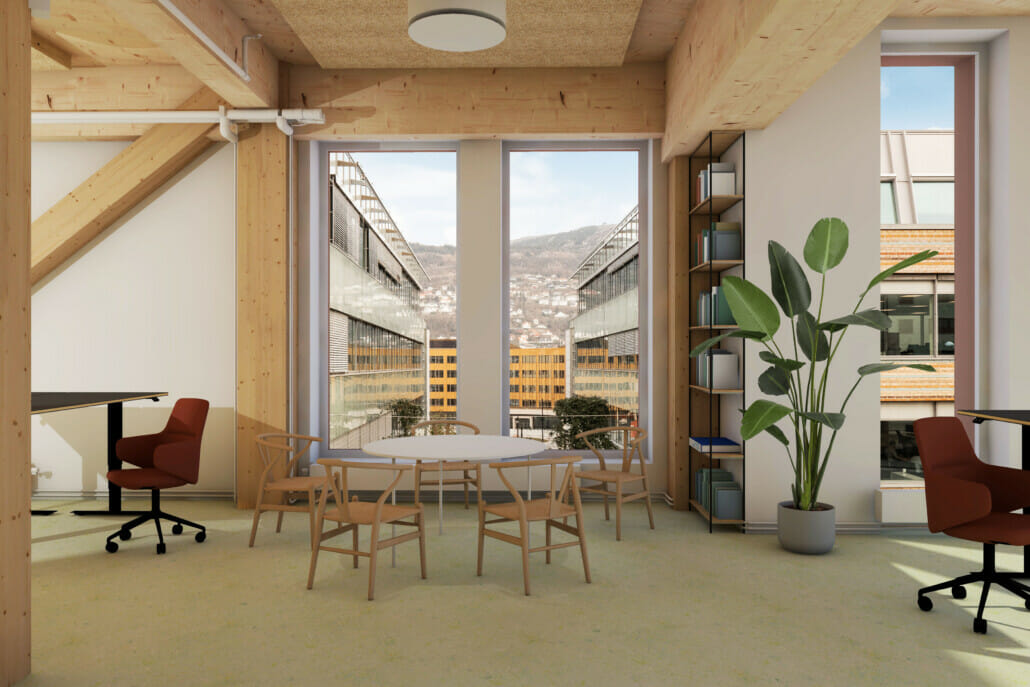 Krohnen kontor massivtre Innsiden av kontor i massivtre hos Krohnen, illustrasjon.