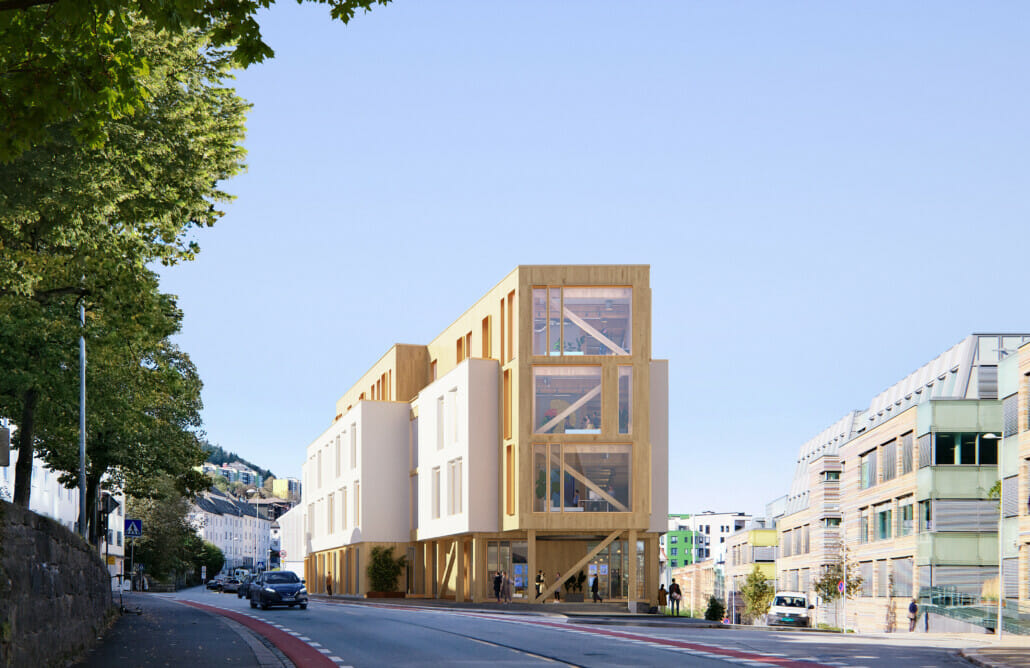 Krohnen kontorbygg Fasade av Krohnen bygget i massivtre, illustrasjon.