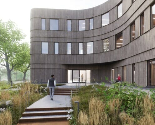 Noatun-kontorbygg Fasade ferdig oppsatt kontorbygg, illustrasjon.