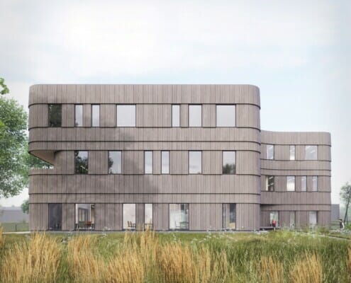 Noatun-kontorbygg1 Front fasade av ferdig bygg, illustrasjon.