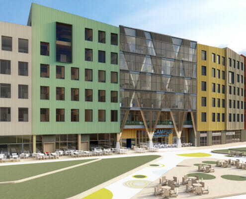 220330 CKSU_byggetrinn 1_fasade_sett fra sørvest Fasade sett fra sør-vest, illustrasjon.