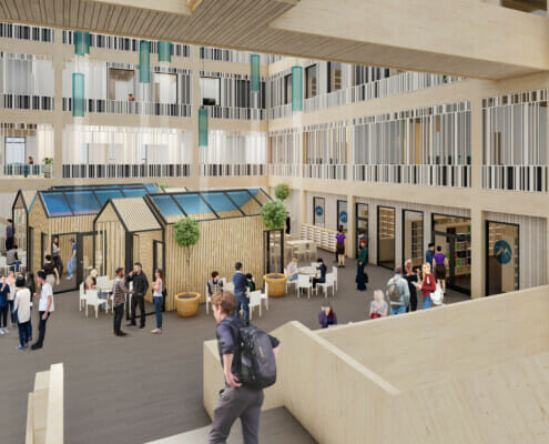 CKSU_byggetrinn1_atrium_ill2 Ferdig resultat innvendig, illustrasjon.