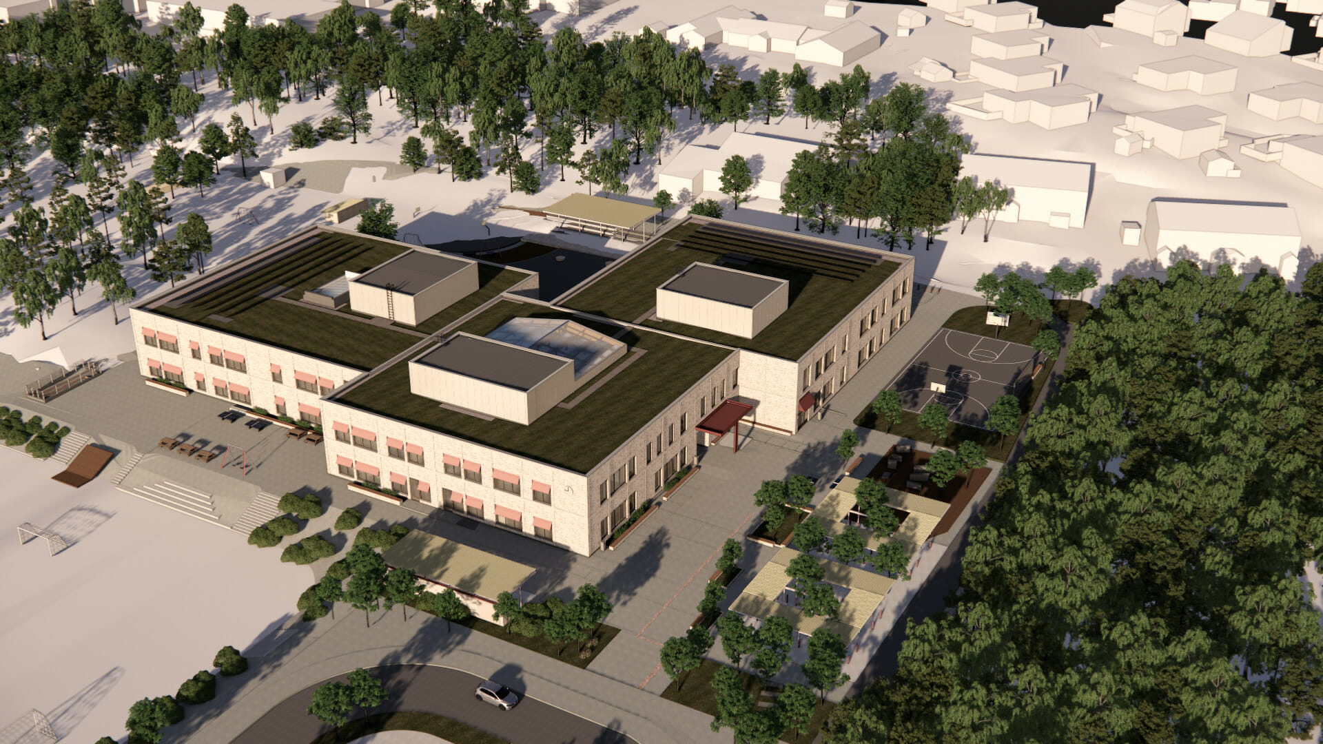 Illustrasjon av Sofiemyr skole i massivtre